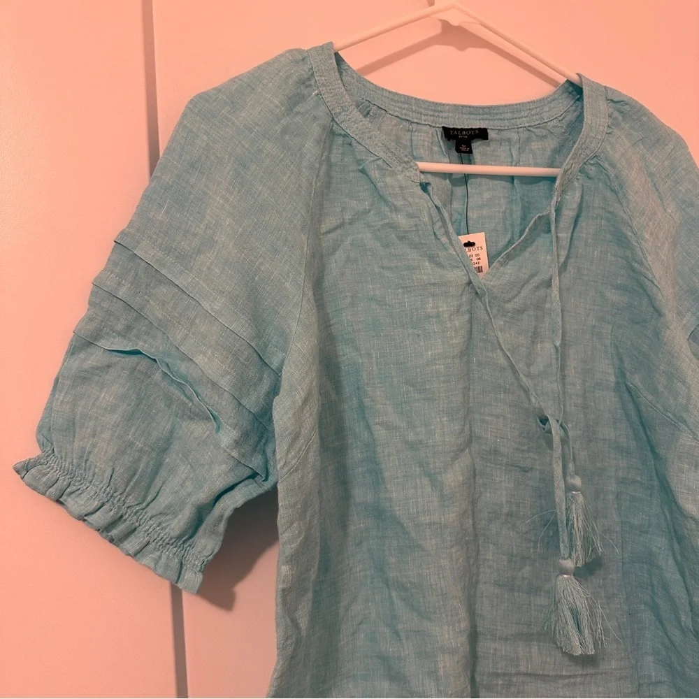 Talbots Aqua Blue Linen Peasant Tunic With Pleated Sleeves Size SP Women’s NWT - Picture 8 of 14